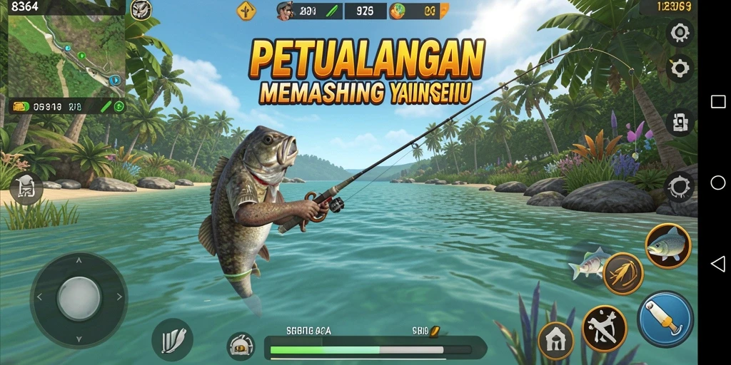 Screenshot utama 8364 menampilkan pemain menangkap ikan di danau yang indah.