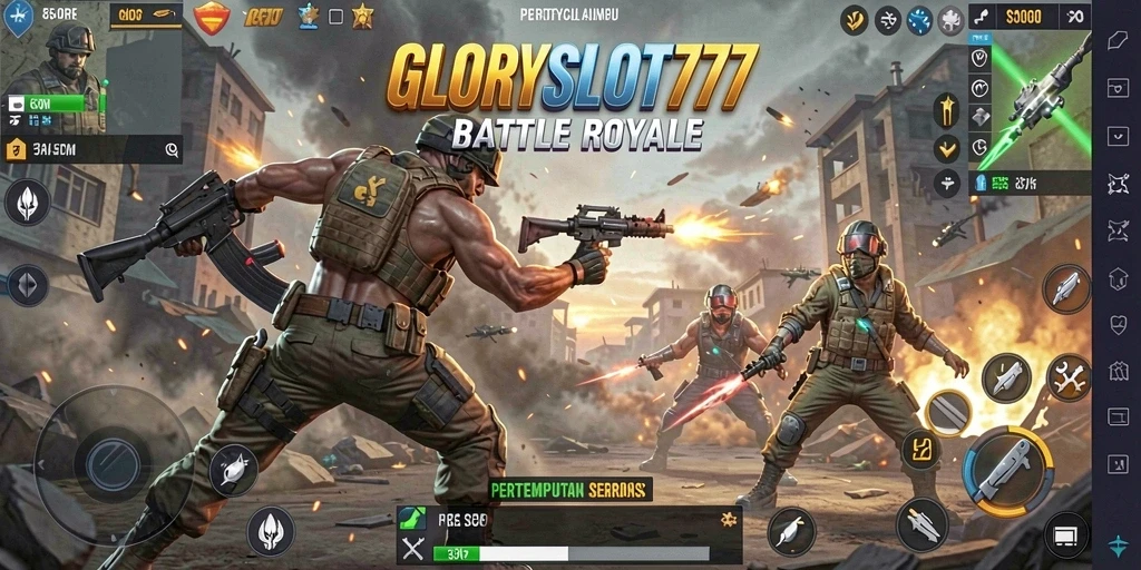 Screenshot GLORYSLOT777 menampilkan aksi pertempuran yang mendebarkan dalam Battle Royale.