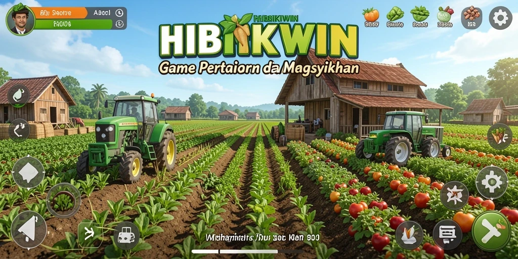 Tampilan gameplay HIBIKIWIN dengan kebun yang subur dan hewan ternak.