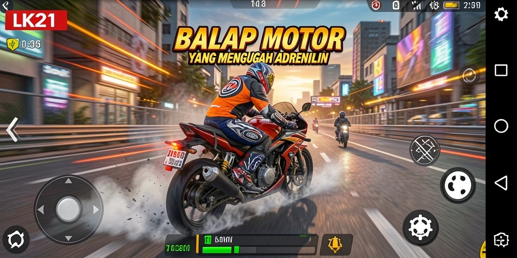 Tangkapan layar menunjukkan aksi balap motor yang mendebarkan.