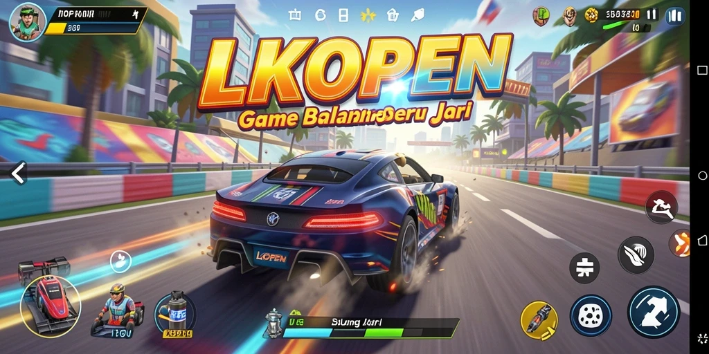 Tangkapan layar LKOPEN menampilkan pengalaman balapan yang mendebarkan dengan mobil cepat.