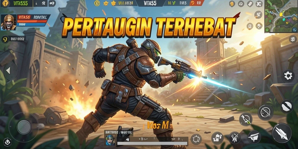 Tangkapan layar utama VITA555 menampilkan aksi seru dalam pertempuran Battle Royale.